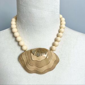 Vintage cream beaded metal and enamel “shell”statement necklace